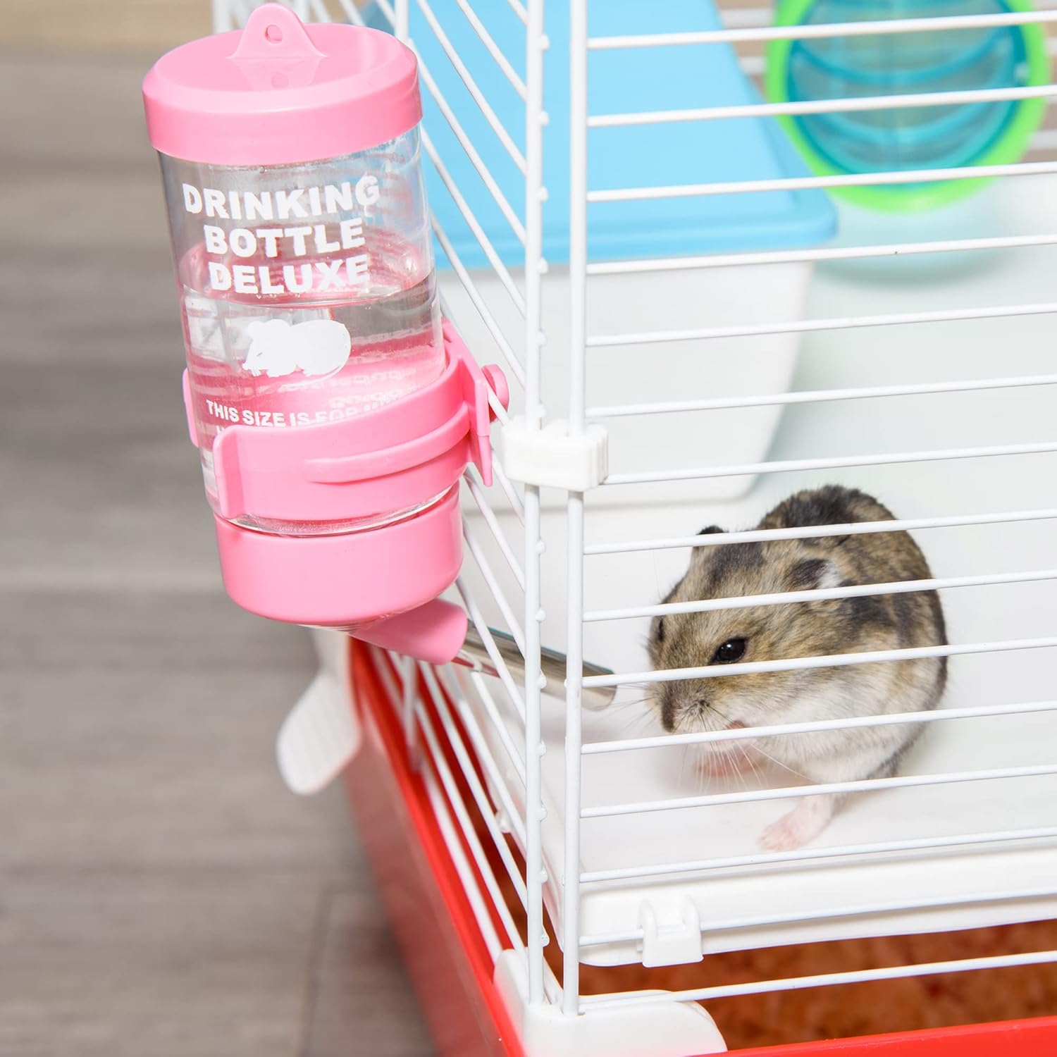 A small hamster drinking water from the pink water bottle attached to the cage bars.
