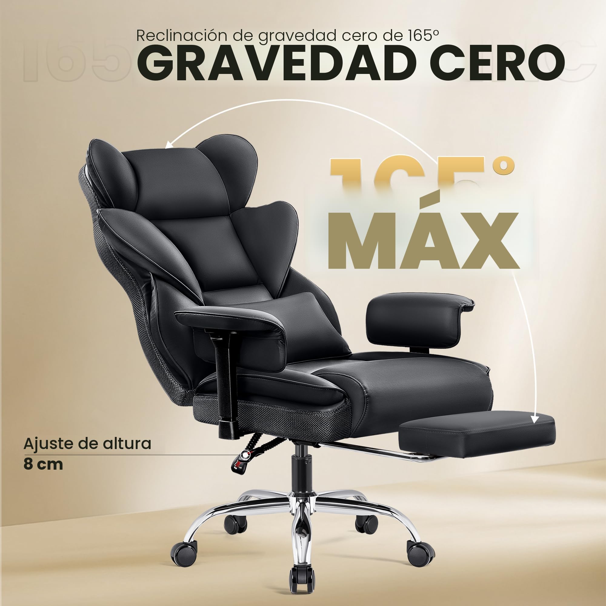 Silla Ergonómica Escritorio Amplia, Silla Oficina Ejecutiva con Reposapiés 165 ° Respaldo Ajustable Silla Gaming en casa Cuero imitación 150-200KG, Negro