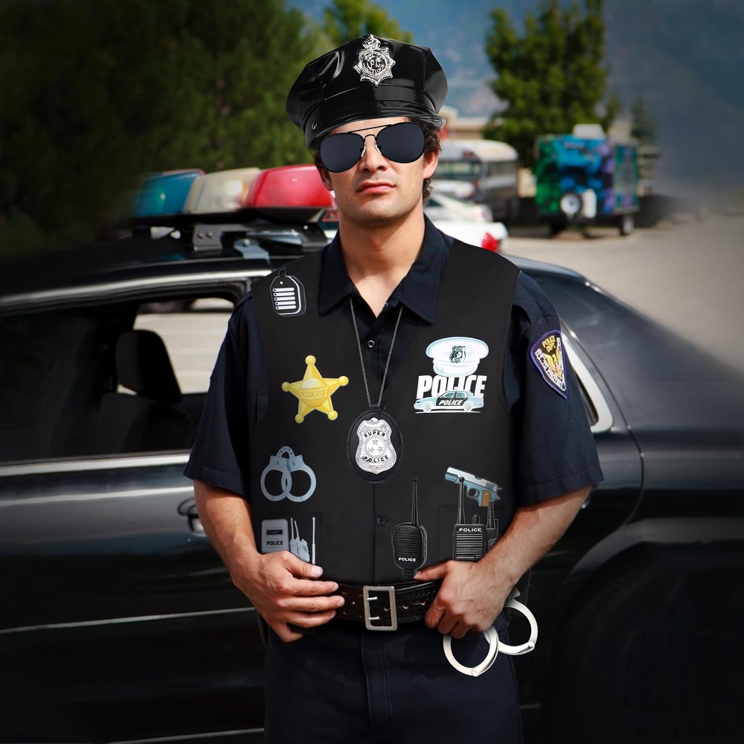 Kyson 6 Pcs Police Officer Costume Outfit for Halloween Theme Party Cop Hat Vest Handcuff Badge Belt Shades Walkie Talkie - Image 6