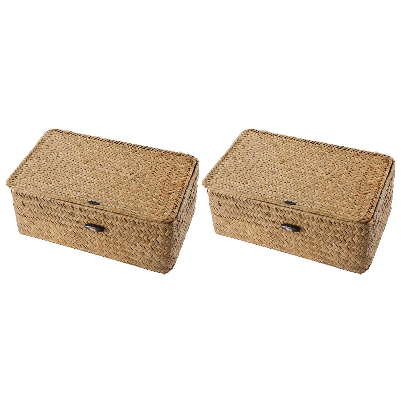 Hndhbfgrt 2X Rattan Storage Basket,Straw Seaweed Basket, Hand-Woven Storage Basket Multipurpose Container with Lid (10cm)