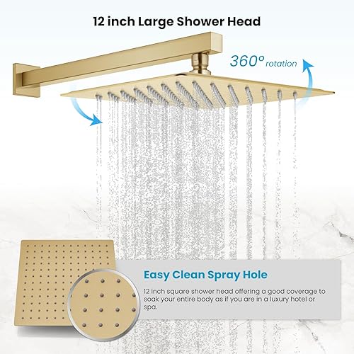 Miniatura 6 de gotonovo Sistema de ducha de lluvia dorado cepillado con cabezal de ducha cuadrado de alta presión de 12 pulgadas y kit de válvula de ducha,