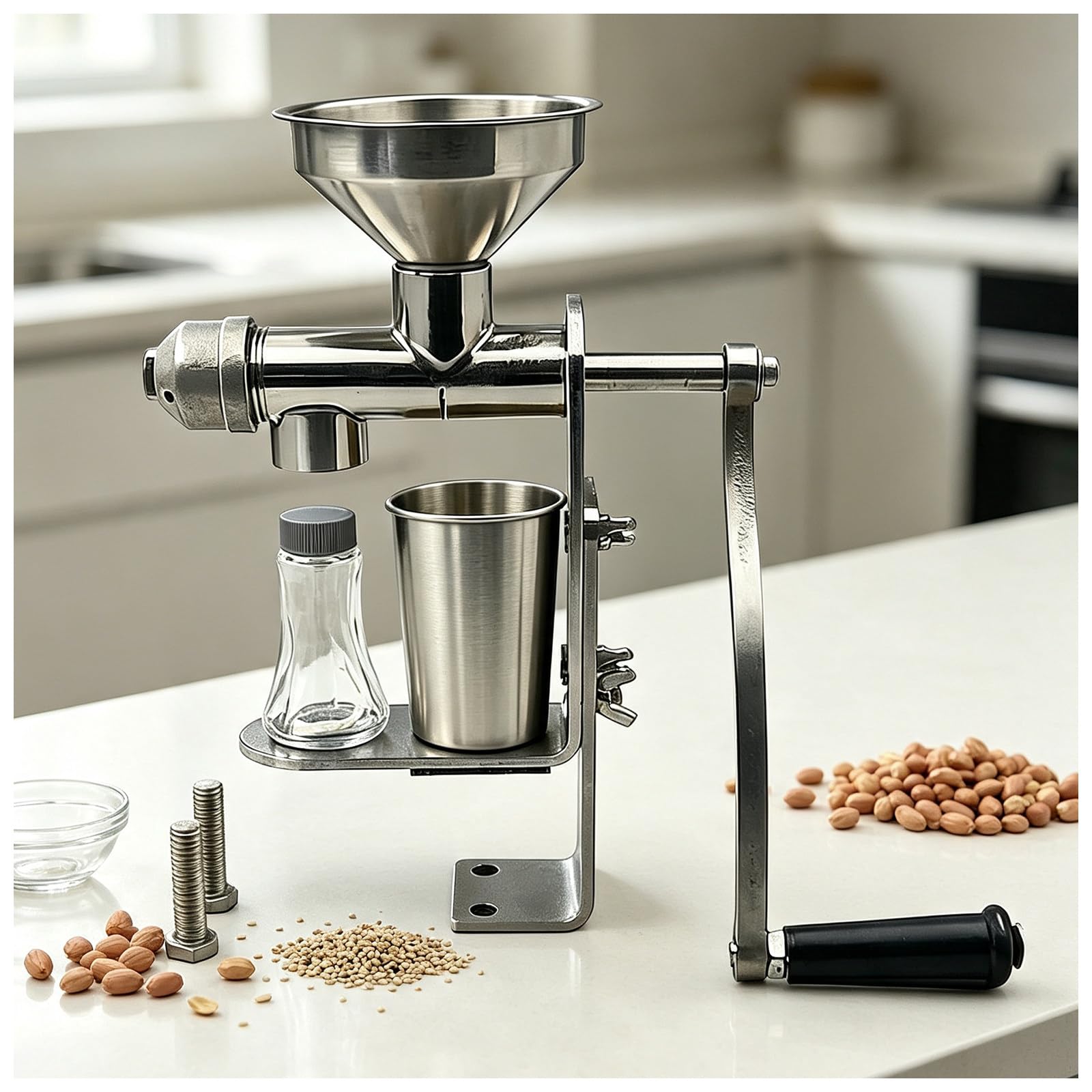 Prensa de Aceite Manual, Acero Inoxidable 304, prensado en frío | Para cacahuetes, sésamo, colza, girasol y semillas de té. Soporte de sobremesa con abrazadera resistente y colector.