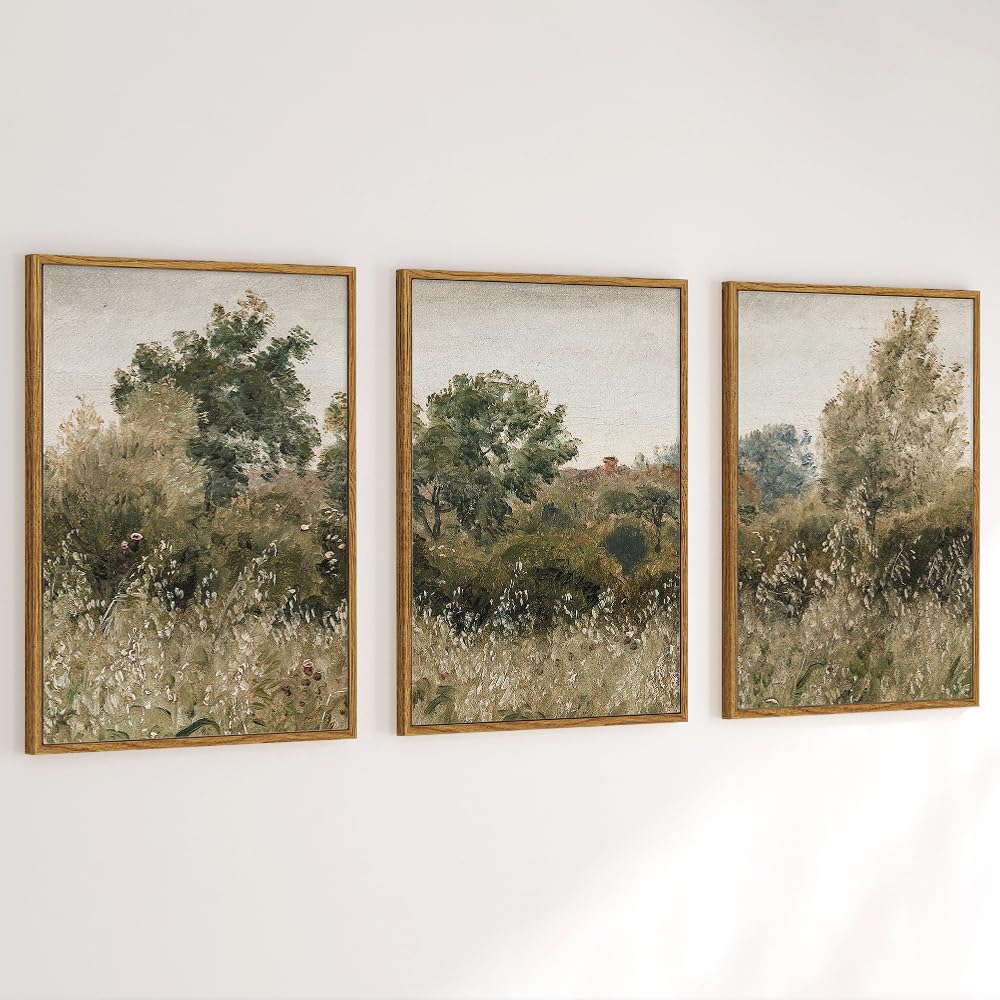 GUBIYU Vintage Neutral Landscape Wall Art,Farmhouse Classical Wildflower Field Prints Set of 3,Country Painting Antique Rustic Farmhouse Decor Vintage