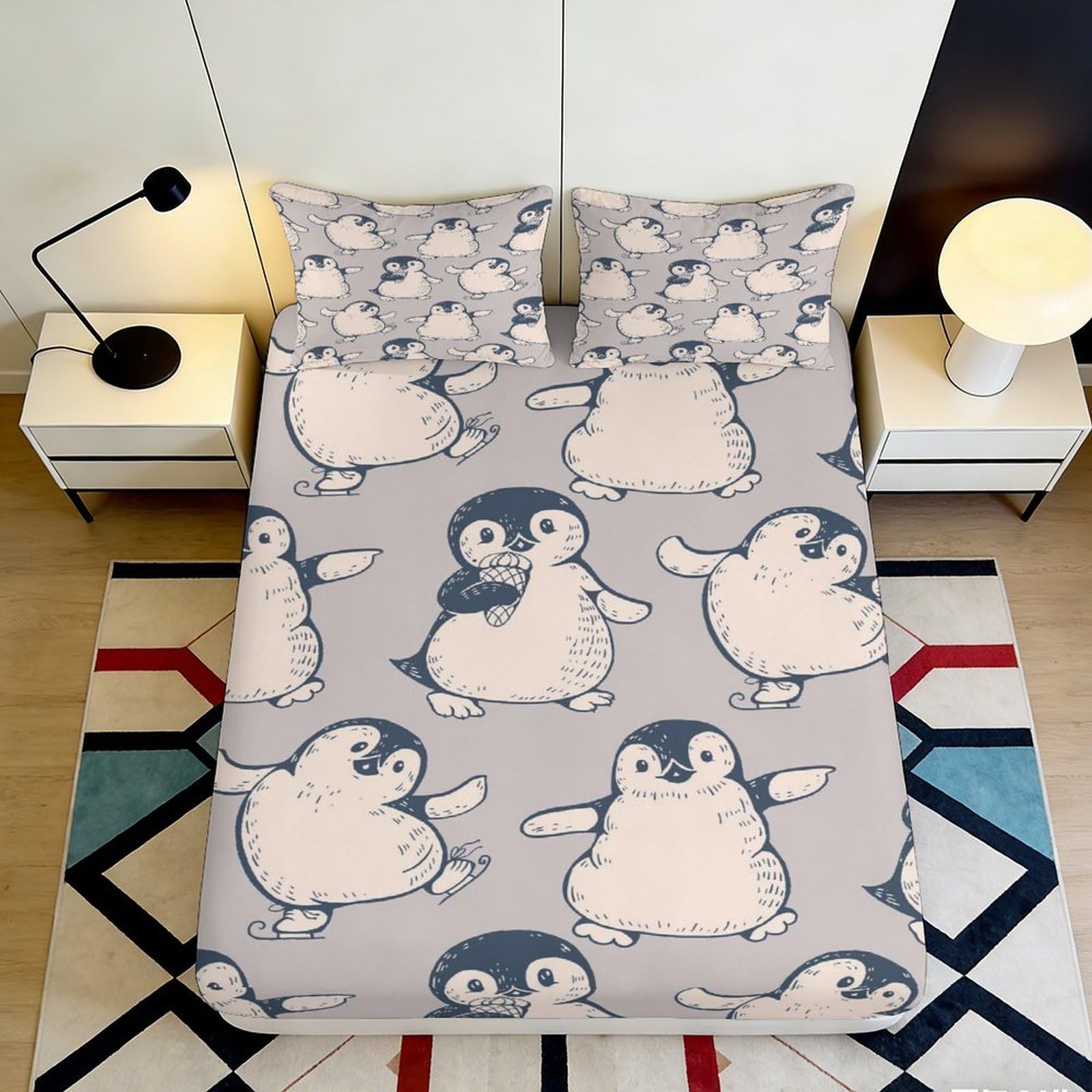 3D Printed Cute Penguin Fitted Sheet Microfiber Soft Breathable Cartoon Bed Cover for Bedroom Dormitory Guest Room Mattress Protection Decoration 120x200x25cm