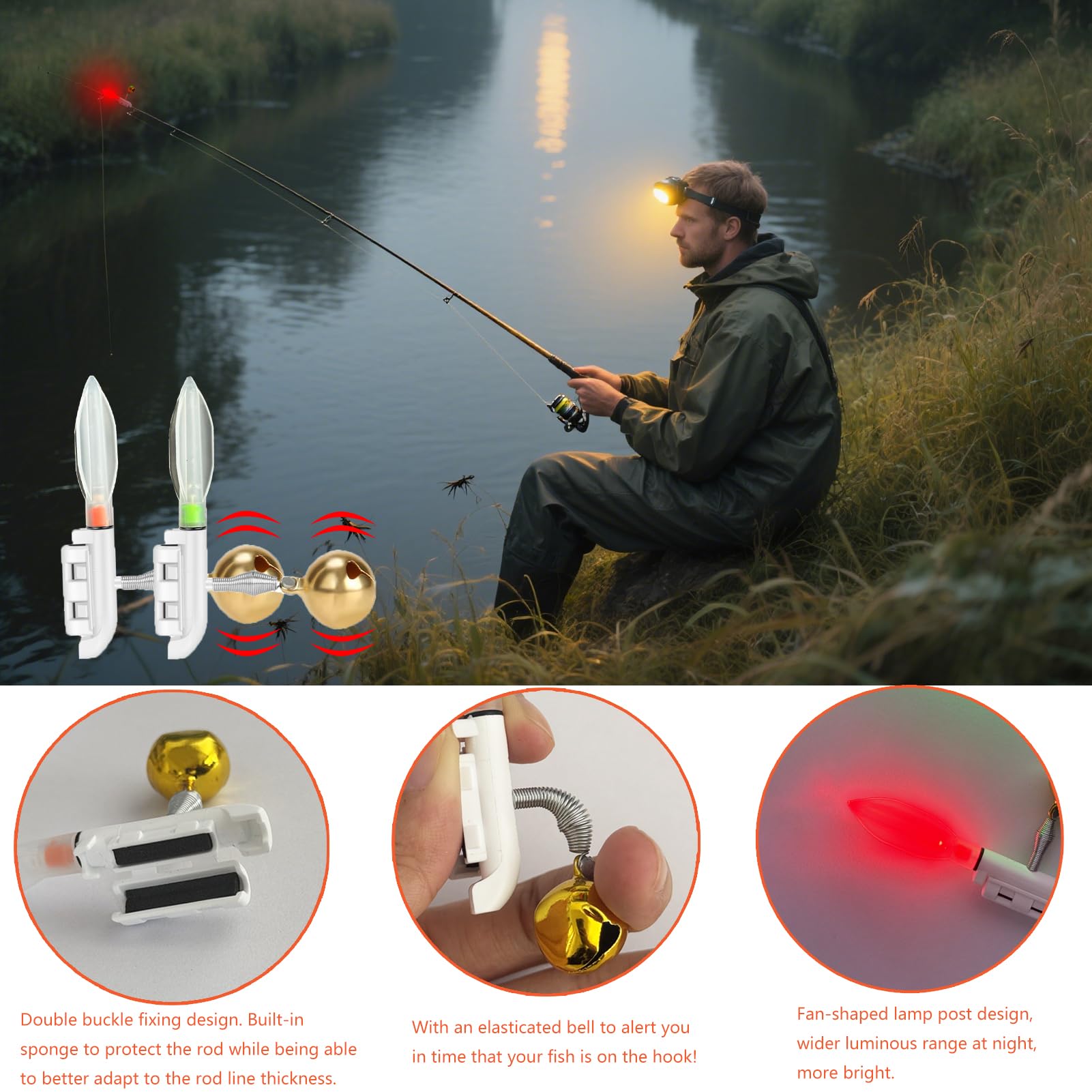 DONGZQAN Lot de 4 cloches d'alarme de pêche, lampes de poche pour indicateur de touche de pêche, indicateur de touche de pêche, cadeau de pêche, indicateur de touche pour pêche nocturne avec chargeur