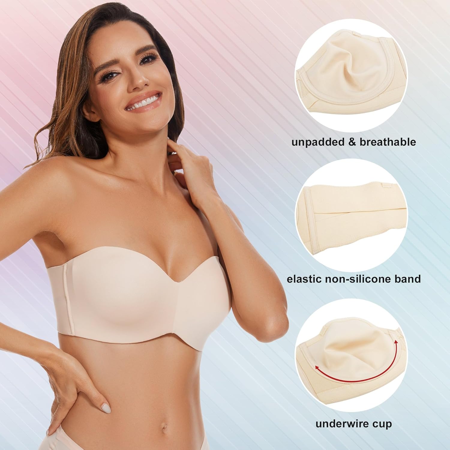sheroine Strapless Push up Plus Size Seamless Bra Underwire Convertible Smoothing Unpadded Support Large Breasts Bras(Nude,34G) - Image 5