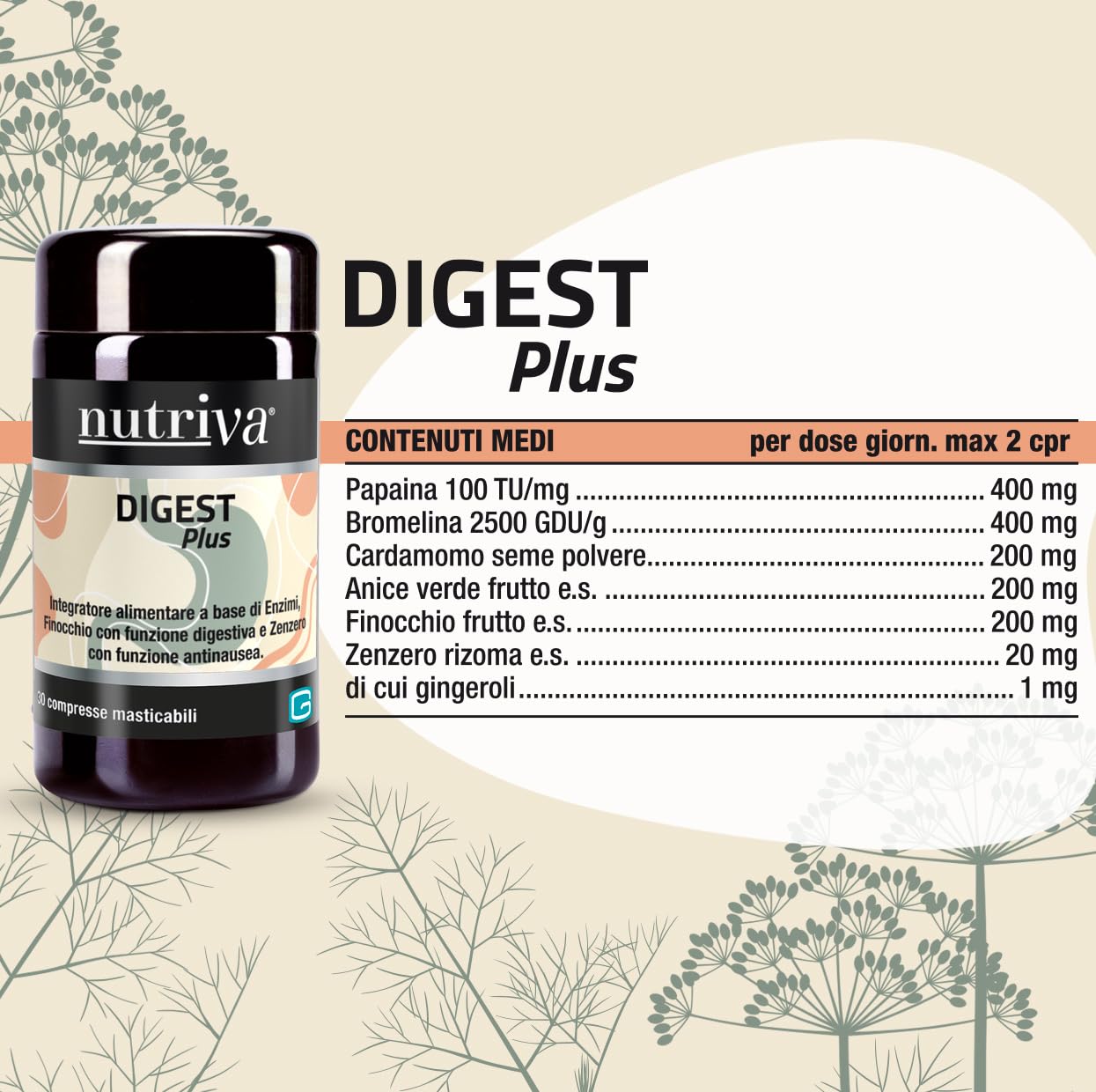 NUTRIVA Digest Plus, Integratore Alimentare con Enzimi, Finocchio con Funzione Digestiva e Zenzero con Funzione Antinausea, 30 Compresse Masticabili (1 Mese), Vegan