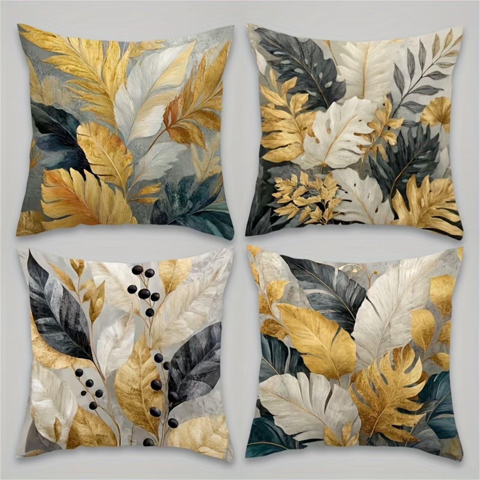 QiHon Cushion Covers 55x55 cm Set of 4 Yellow Grey Leaves Linen Square Pillow Cases 22x22 inch Modern Decorative Throw Pillow Covers for Sofa Couch Bedroom Home Office with Invisible Zipper