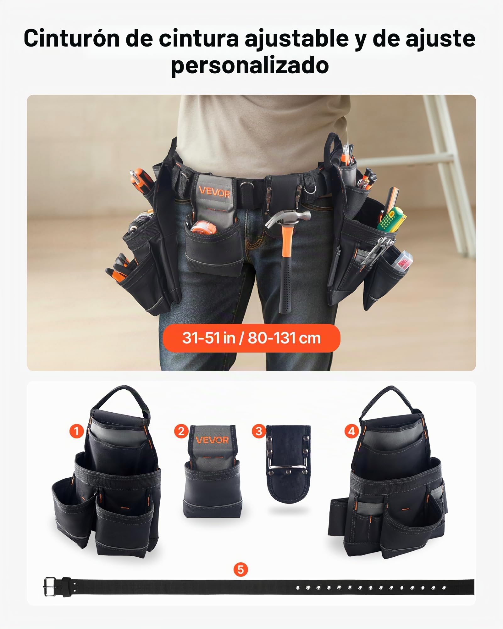 VEVOR Cinturón Portaherramientas, 18 Bolsillos, para Trabajadores de la Construcción, Electricistas, y Carpinteros, Organizador de Delantal, Ajustable de 800 a 1310 mm, 1420 x 360 x 115 mm, Negro