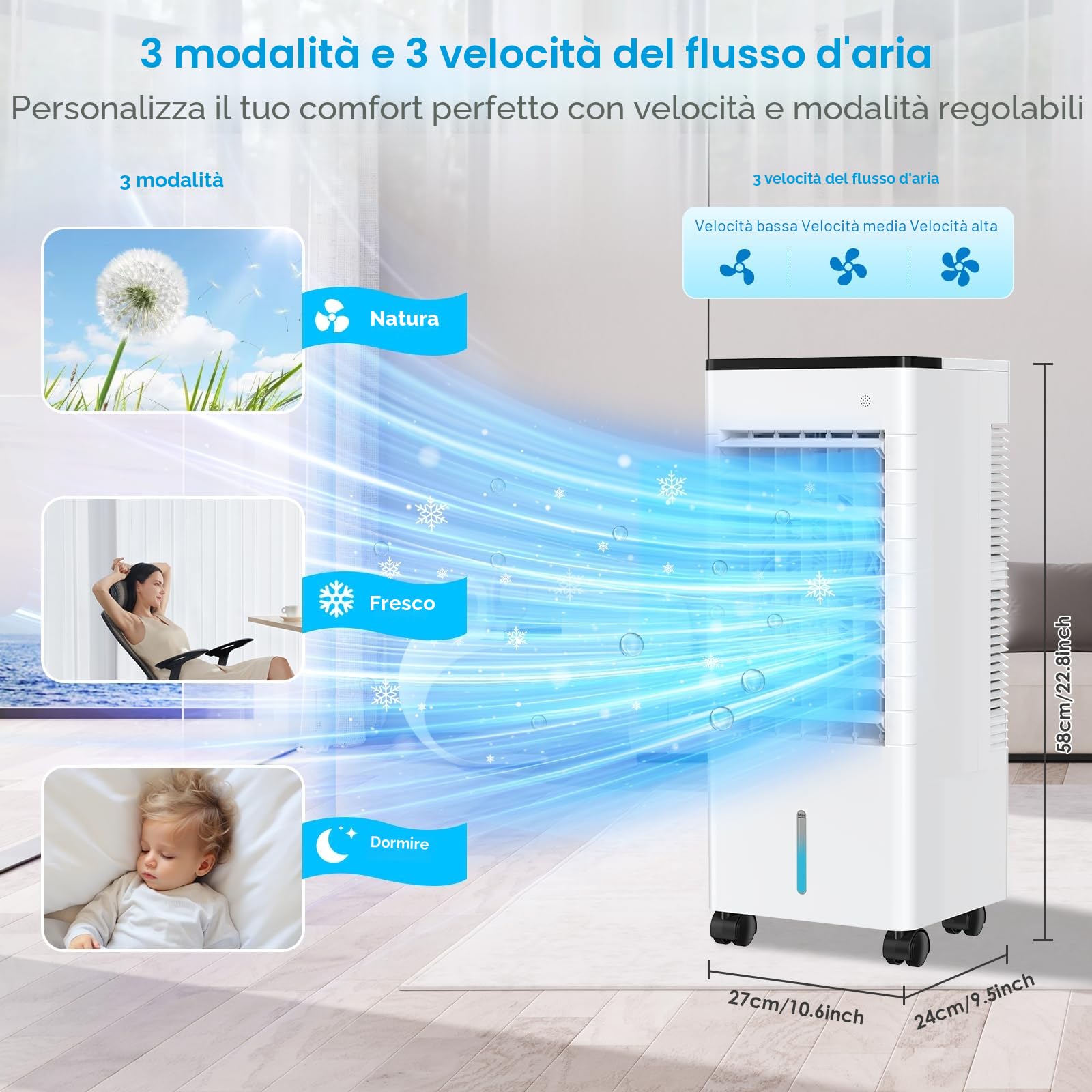 Condizionatore Portatile Senza Tubo, Silenzioso Raffreddatore d'aria Grande Serbatoio da 5.5 L, 4 in 1 Multifunzione Evaporativo Mobile, Timer da 7 ore,3 Velocità,con Telecomando,Senza Unità Esterna