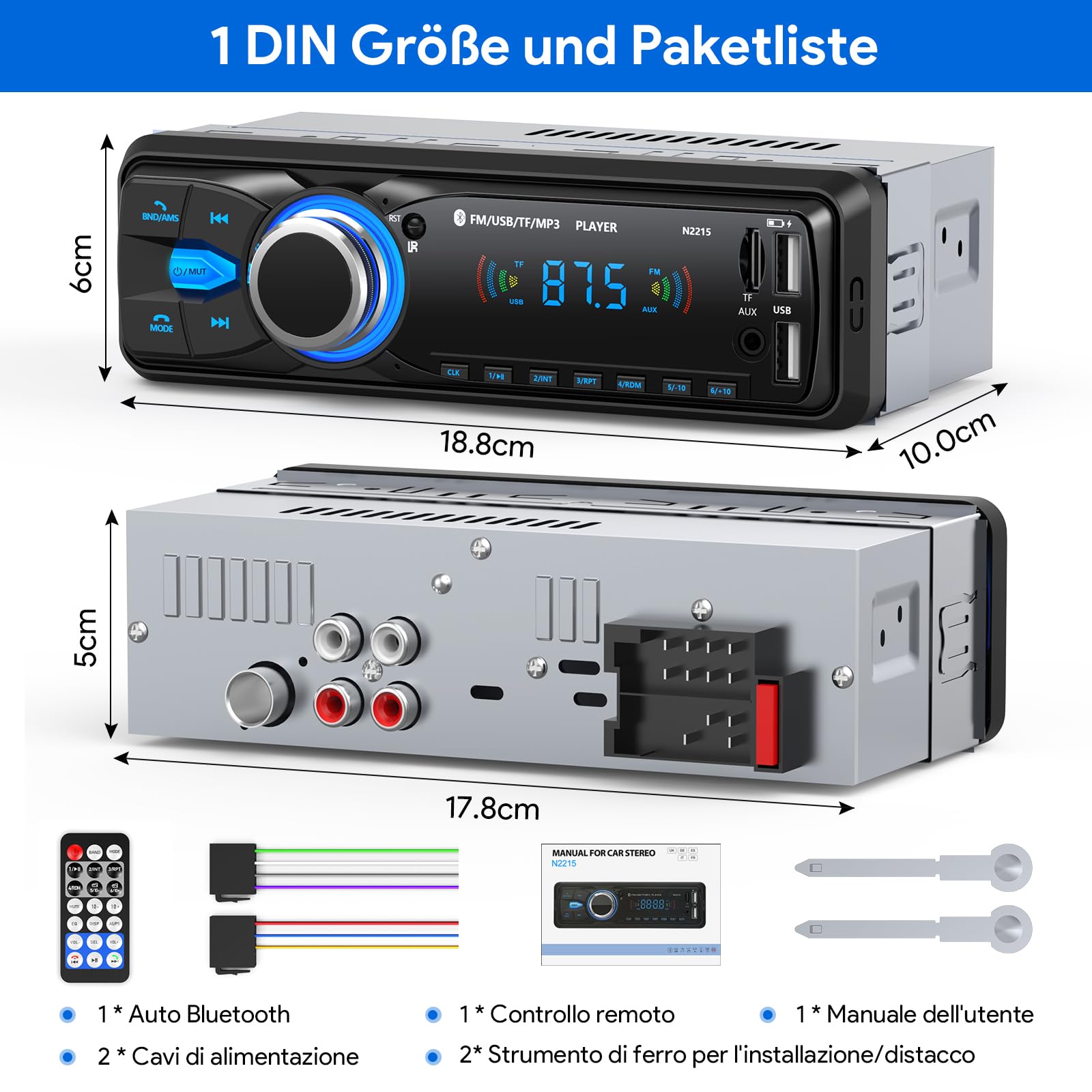 Autoradio Bluetooth,CENXINY Auto Radio Bluetooth 1Din Autoradio FM 2USB/AUX/SD Karte/MP3-Player Fernbedienung, Unterstützung für iOS/Android