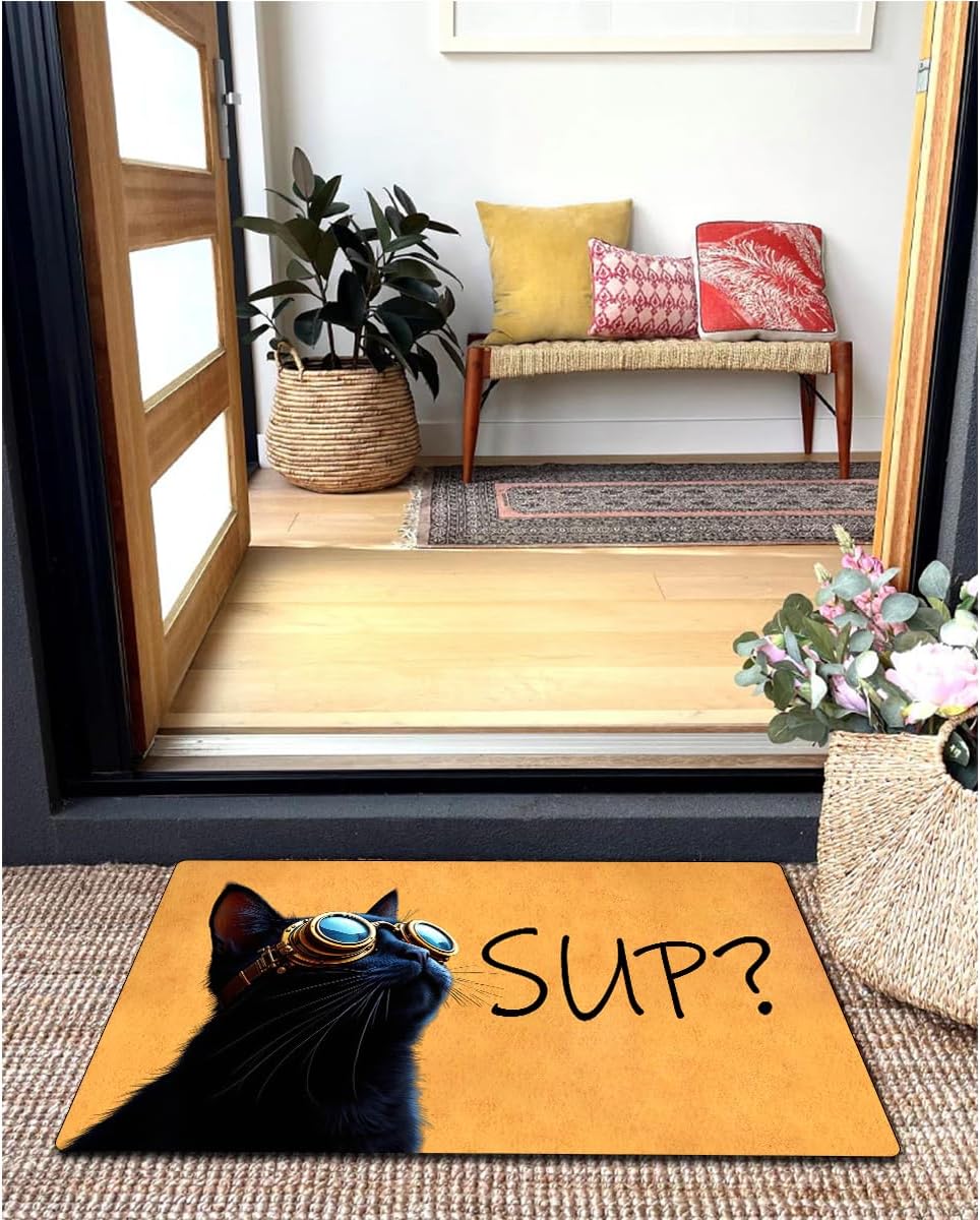 Welcome Mat with Rubber Back 18"(W) x 30"(L)Steampunk Cat SUP Black Cat Quirky Funny Dogs Theme Doormat for Entrance Way Decorative Mats for Front Porch Entry Door Mat No Slip Kitchen Rugs and Mats