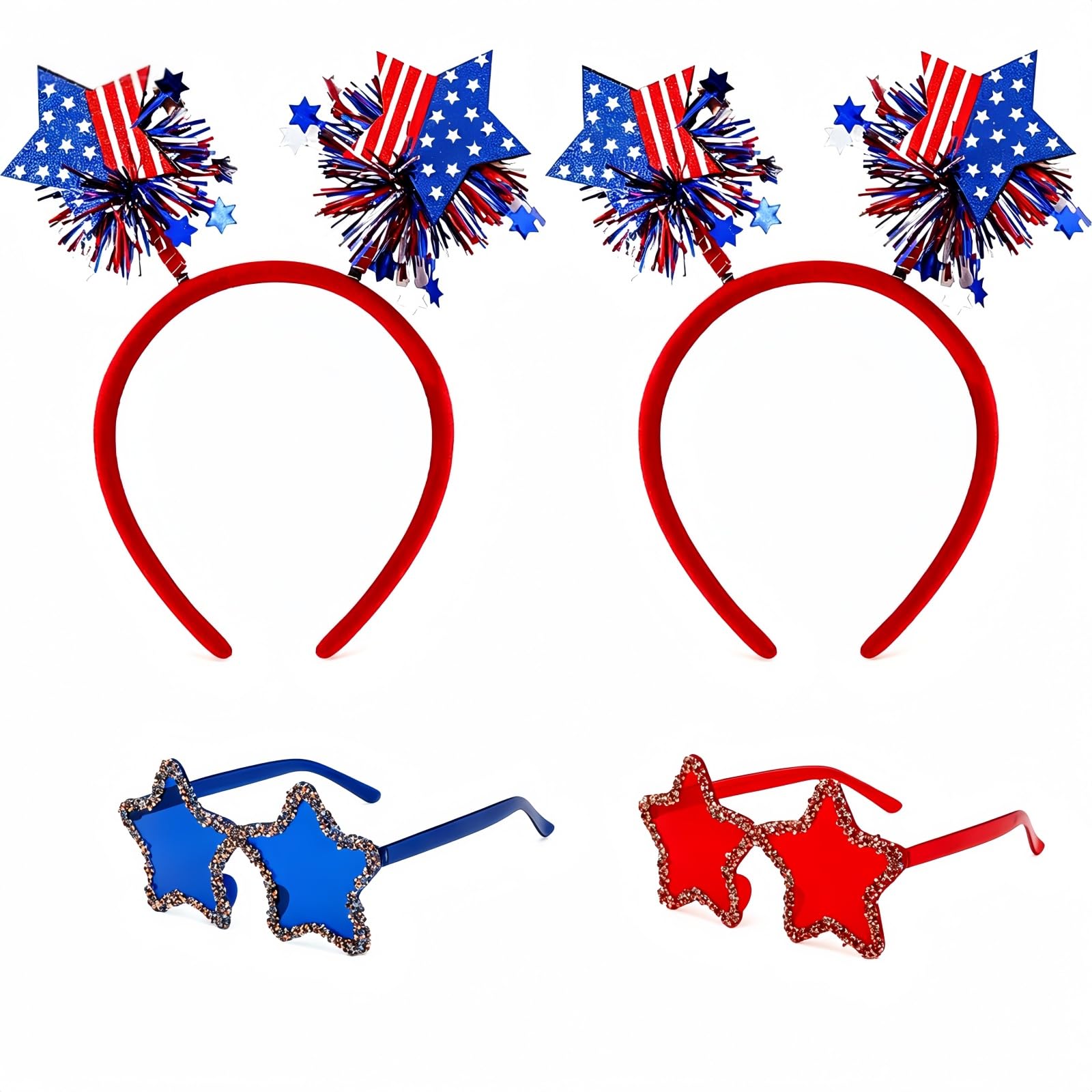 TWISBOW 4th of July Party Favors Independence Day Headbands Patriotic Party Star Shape Rhinestone Sunglasses Red White Blue Party Favors for Memorial Day Party, 4Pcs