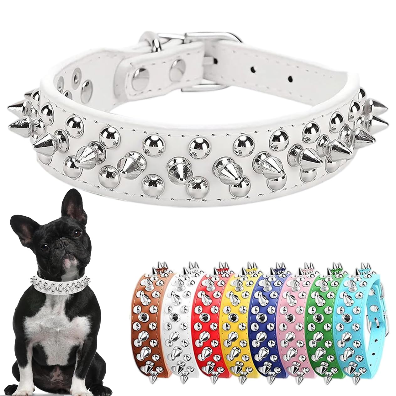 Spiked Dog Collars, Studded Dog Collar Leather Rivet Puppy Collar Spike Adjustable for Small Medium Large Dogs White XXL