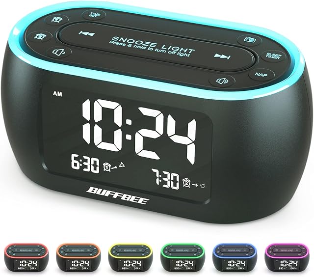 Buffbee Bedside Alarm Clock Radio with 7 Color Night Light,Dual Alarm, Snooze, Dimmer, USB Charger, Nap Timer, Digital Alarm Clock with FM Radio and Auto-Off Timer,Mains Powered with Battery Backup