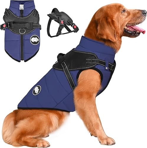 Abrigo impermeable para perro con arnés desmontable, abrigo impermeable cálido para perro para clima frío, chaqueta de invierno reflectante para