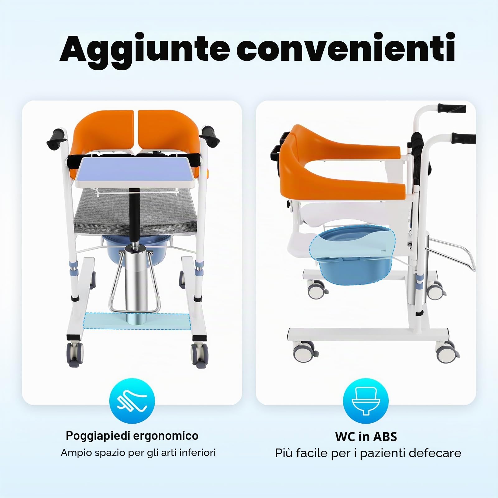 Sedia di trasferimento idraulica per pazienti - Regolabile in altezza con piano del tavolo - Rulette bloccabili e sedile diviso a 180° - Sedia da doccia per anziani e disabili