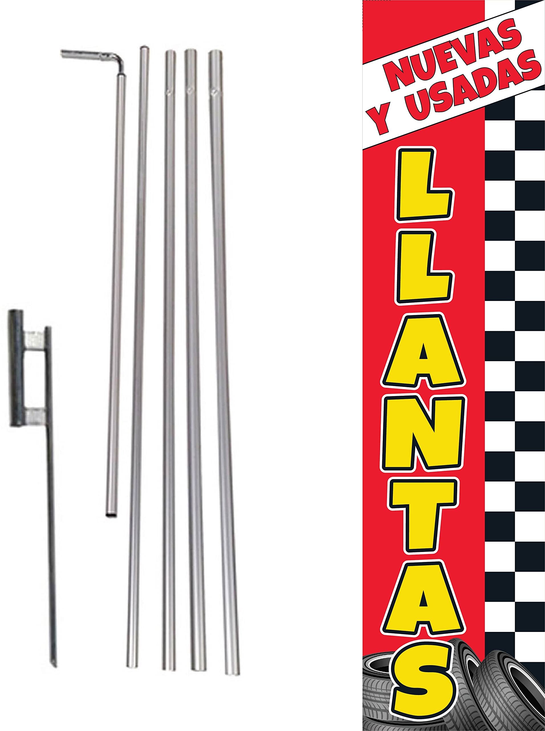 GLOBAL ADVERTISING SOLUTIONS Nuevas Y Usadas Llantas Red Yellow Boomer Rectangle Feather Flag Eye Catching Banner Sign for Business and Marketing Complete Set with 15 ft Pole Kit and Ground Spike