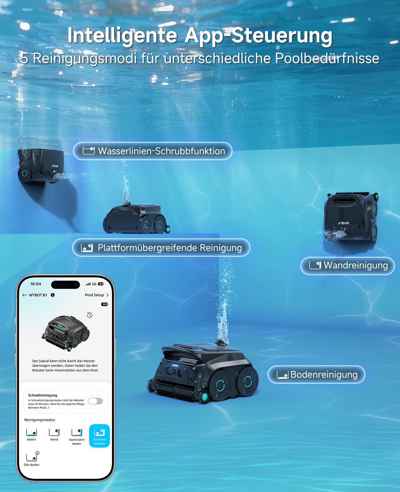 WYBOT OS600 Poolroboter Akku Wand und Boden, Wasserlinie, 5 Modi, 120 Min