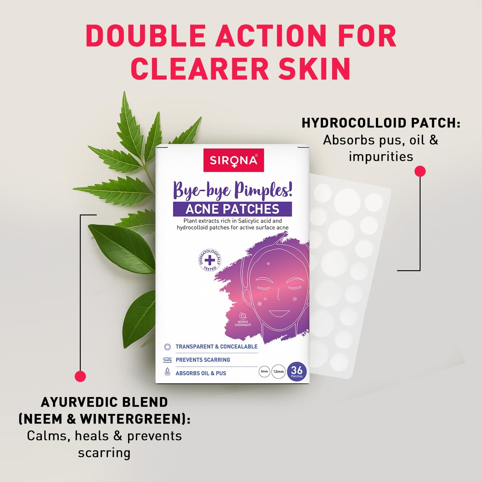Sirona Anti Acne Pimple Patches for Face β 36 Dots (Pack of 1) | Invisible Facial Stickers Cover with Hydrocolloid Waterproof Patches 2