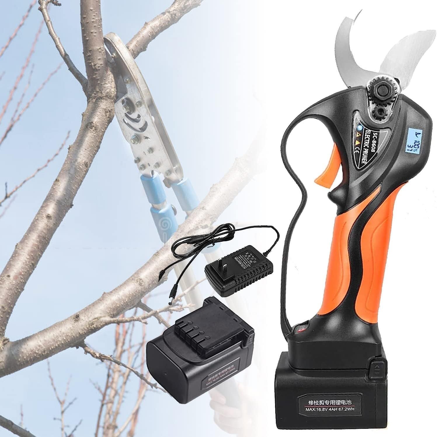 Shears Cordless Gardening Secateurs 32mm Cutting Diameter Powerful Pruning Scissors with Toolbox with Reach Extension Pole, LCD Display Screen (Orange WithExtensionBar)