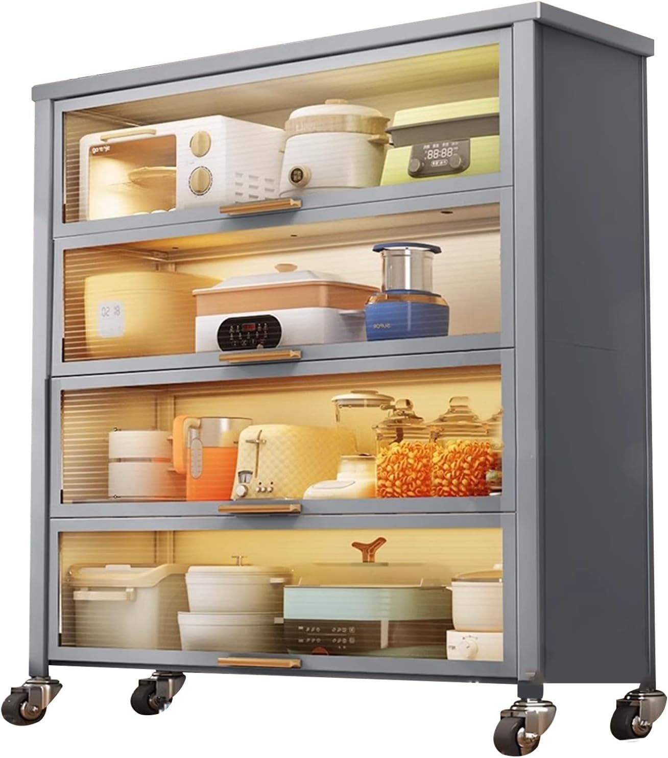 Microwave Stand Rack with Flip Door Cabinet, Kitchen Organizer Shelf & Locking Caster Wheels, Multi-Functional Baker's Rack for Kitchen Storage & Microwave Oven Stand
