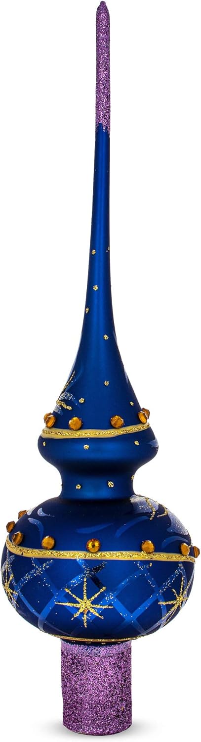 Purple Jewels and Golden Leaves on Blue Mouth Blown Glass Christmas Tree Topper 11 Inches