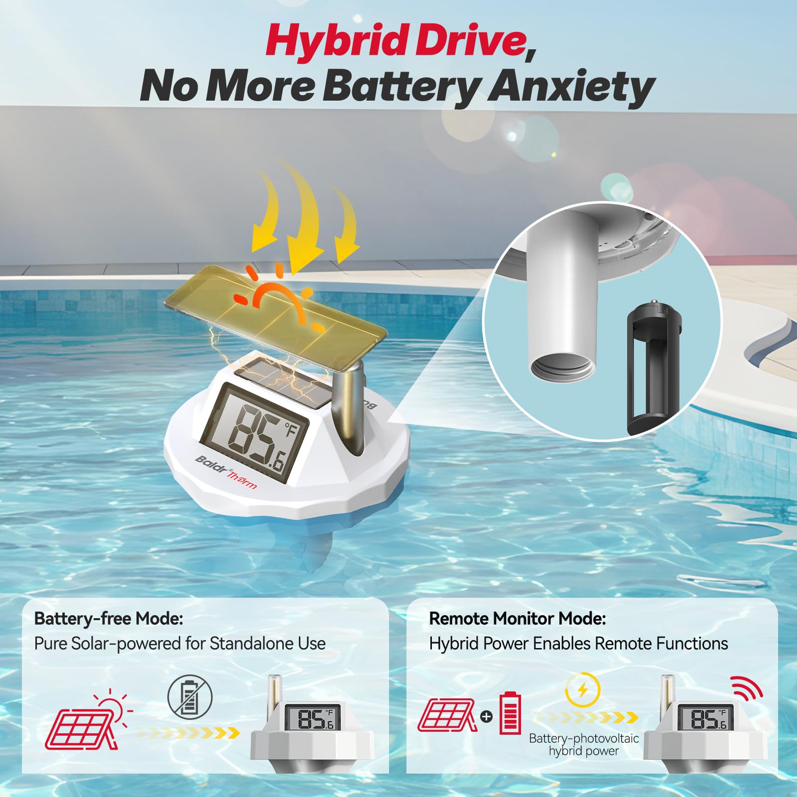 BaldrTherm Termómetro de piscina inteligente Wi-Fi, impermeable IPX8, monitor de temperatura del agua digital flotante con aplicación, fácil lectura y notificaciones de alerta para estanques, jacuzzi