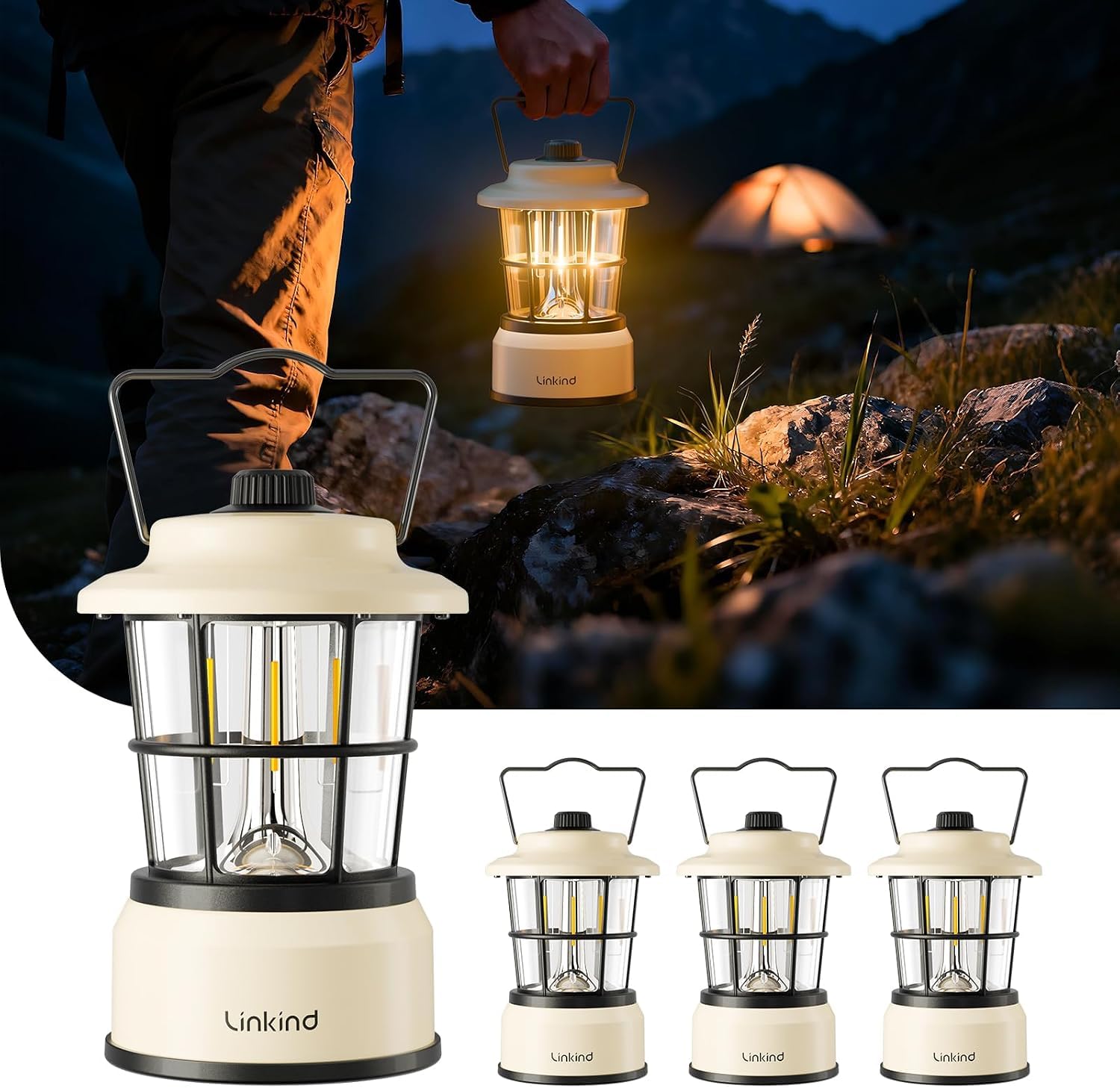 Linkind Camping Light Battery Powered, Retro Style Dimmable Warm White and Daylight Waterproof Camping Lamp, Up to 200H Run Time, Portable Atmosphere Tent Lights for Indoor & Outdoor Use, 4 Pack