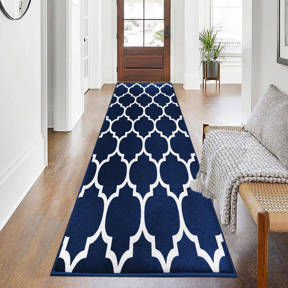 BedLooms Carpet Runners for Hallway Non-Slip long 80 x 300 cm Living room Navy Blue Runner Rugs – Trellis Pattern Modern Low Pile Bedroom Carpets (Ava Navy)