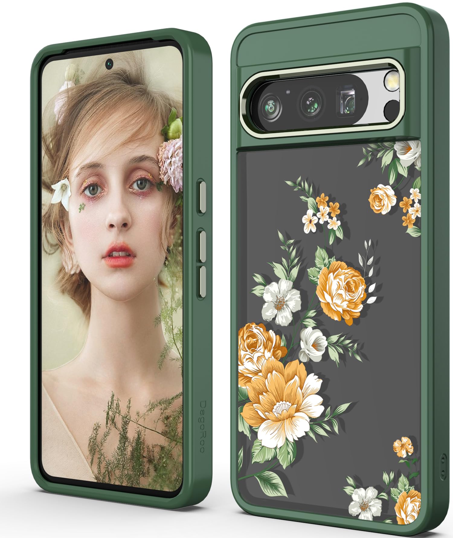 DagoRoo for Pixel 8 Pro Case, Google 8 Pro [Military Grade Protective] Slim Soft TPU & Hard PC, Girls Women Crystal Clear Flower Pattern Cases for Google Pixel 8 Pro-Alpine Green