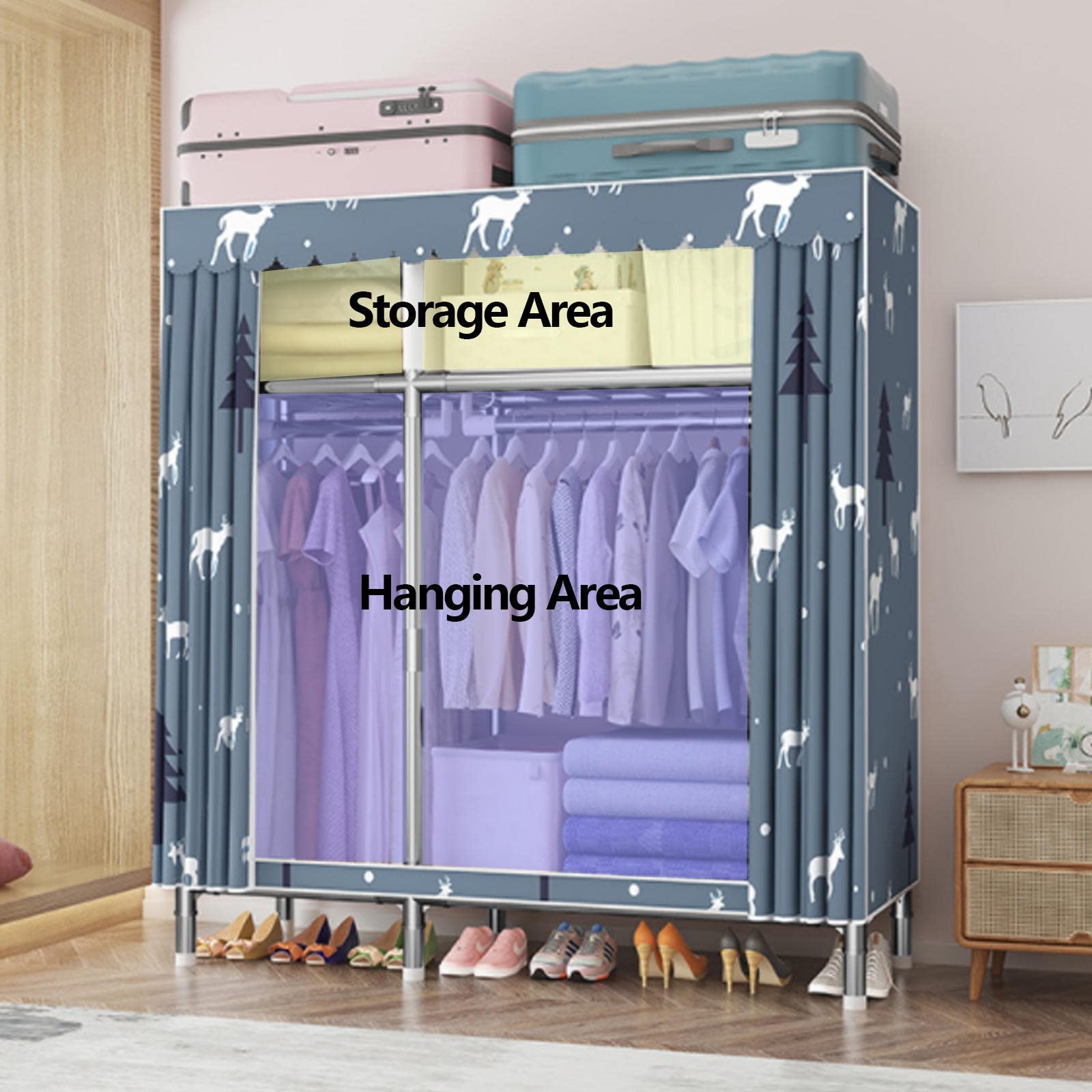 Kleiderschrank, tragbare Kleiderschrankregale aus Segeltuch, Stoff-Kleiderschrank-Aufbewahrungsorganisator mit Kleiderstange, Regale für Schlafzimmer,C-130X45X170cm