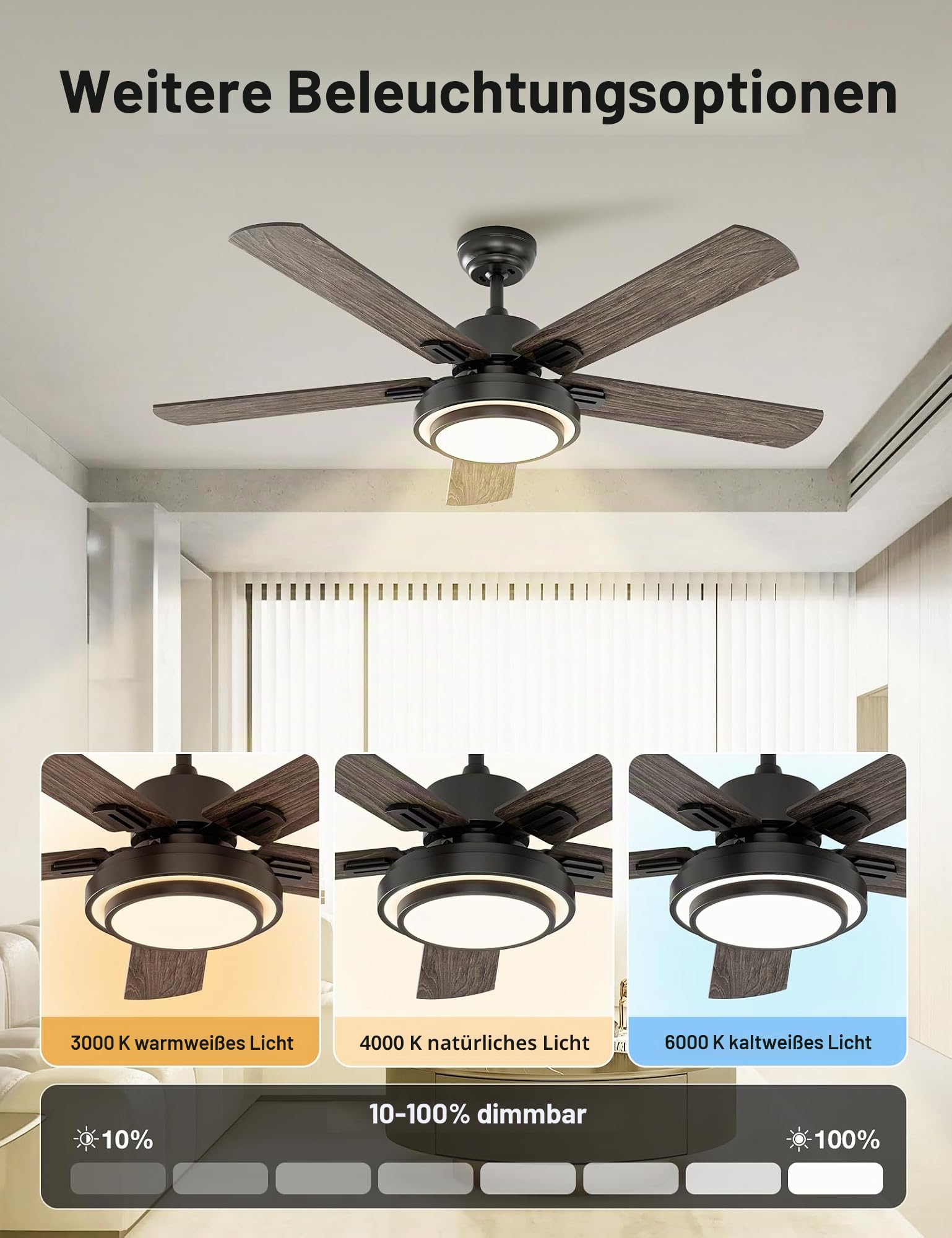 warmiplanet Deckenventilator mit Lichtern und Fernbedienung, 132,08 cm, Schwarz (5 Klingen)