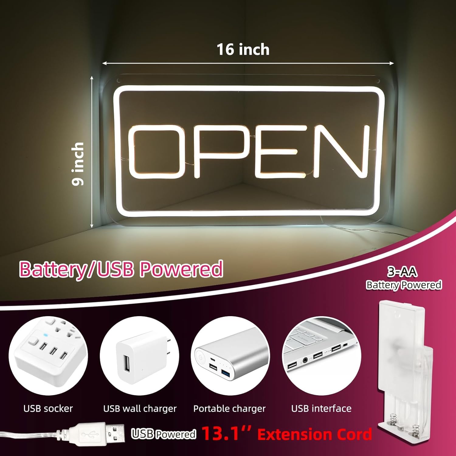 ATOLS 16" x 9" Open Neon Signs, Battery or USB Powered LED Neon Open Sign with USB Plug &13.1‘’ Extension Cord for Business Window, Open Sign Led for Bars, Stores, Coffee Shop, Hotel, Restaurant,Salon