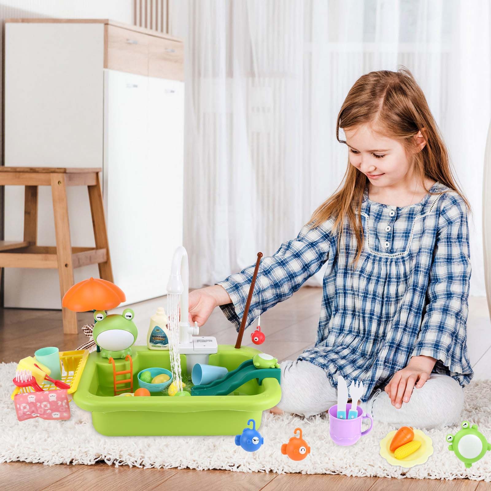 Spielspüle Spielzeug, 2 in 1 Kitchen Sink Toy Set mit Küchenspielzeugzubehör und Angelspiel, Waschbecken Kinder mit Wasserfunktion Geeignet als Geschenk für Jungen und Mädchen