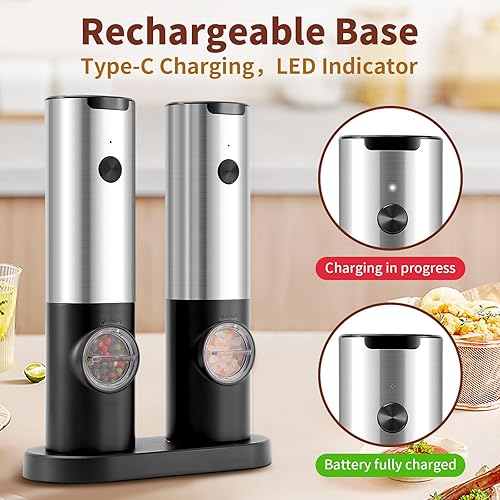 Miniatura 3 de Electric Salt and Pepper Grinder Set with LED, Stainless Steel Automatic Salt and Pepper Grinder Set, Rechargeable Salt and Pepper Shakers Set