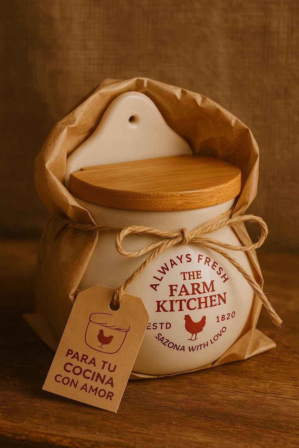 Saliera in ceramica bianca con coperchio in legno, 12 cm, barattolo per sale e spezie per la cucina e il riposo a parete