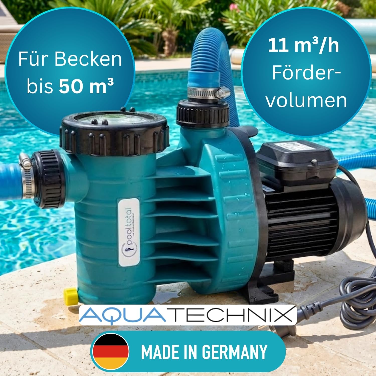 Aqua Plus 11 POOL Total Edition - 11 m³/h Leistung für Pools bis 50.000 l Wasserinhalt - Selbstansaugend Salzwasserbeständig Laufruhig Servicefreundlich Verschleißarm