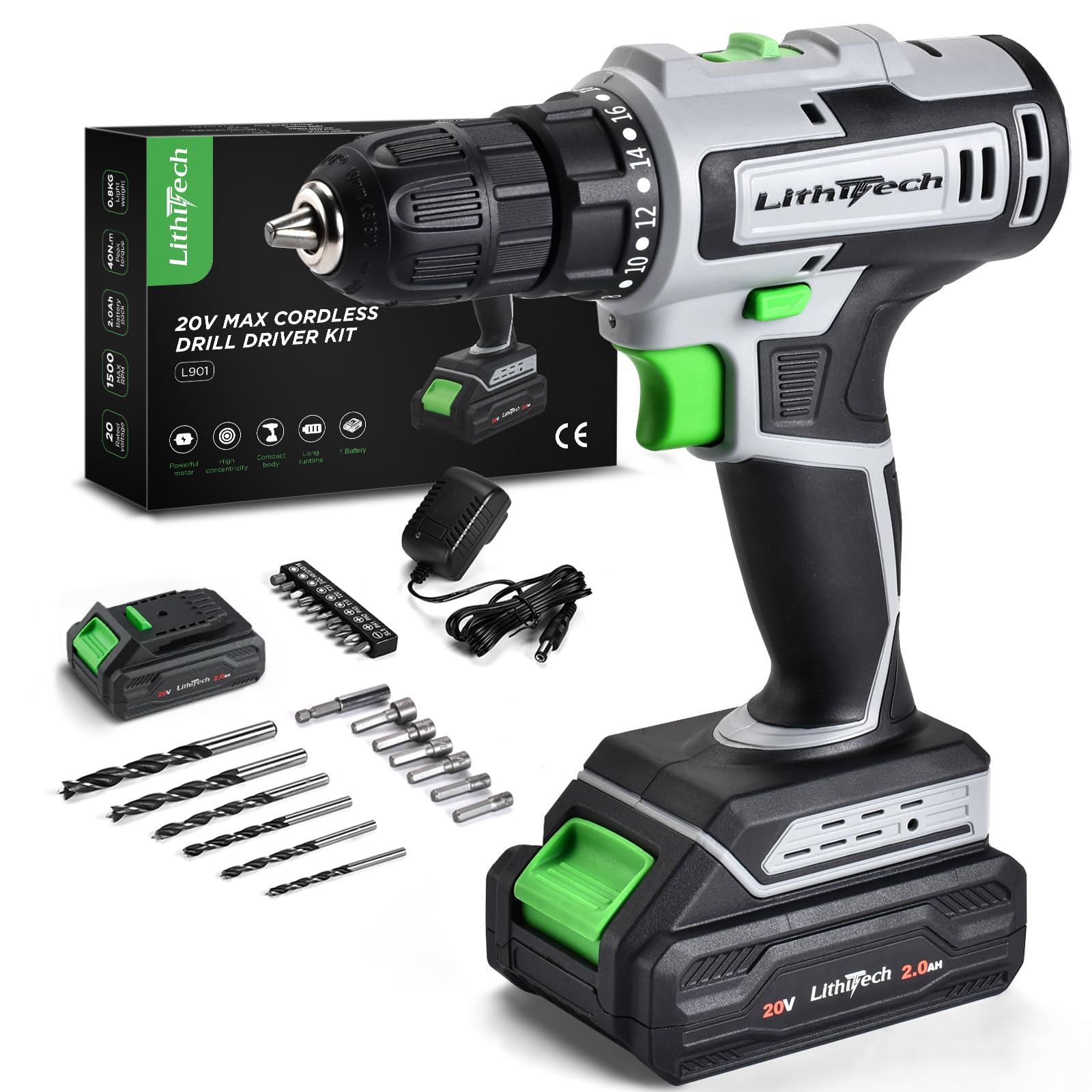 Lithitech Cordless Drill Set, 20V Power Drill with Battery 2.0Ah and Charger, 3/8-Inch Keyless Chuck Electric drill, 18+1 Position, 2 Variable Speed, 380 In-lb Torque (Gray)