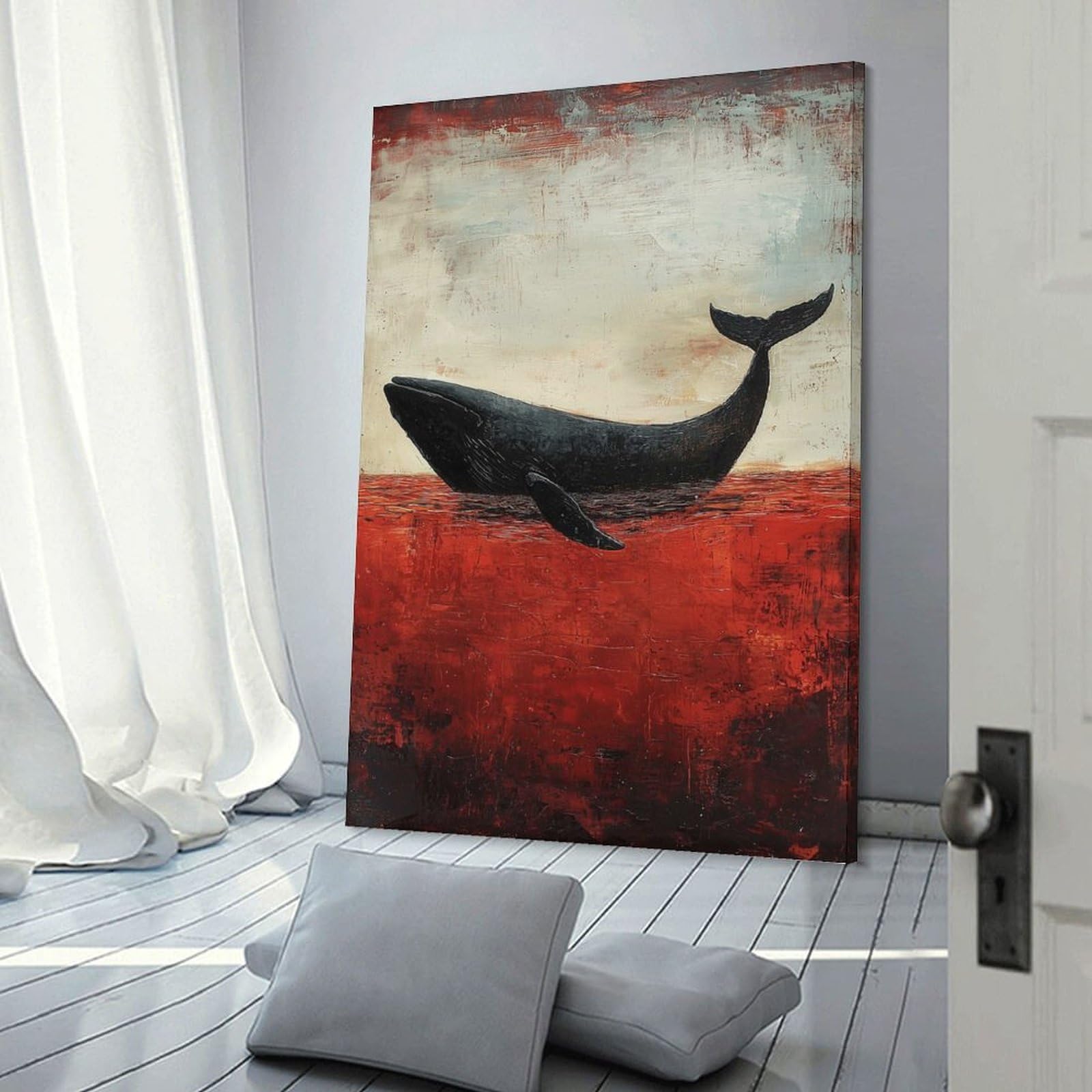 Junmoney Frame-Style-16 Canvas Art Print Whale In Red Water, 24X36inch(60X90cm), For Contemporary Homes, Apartments Or Offices, Decorative Canvas Decor For Home Updates