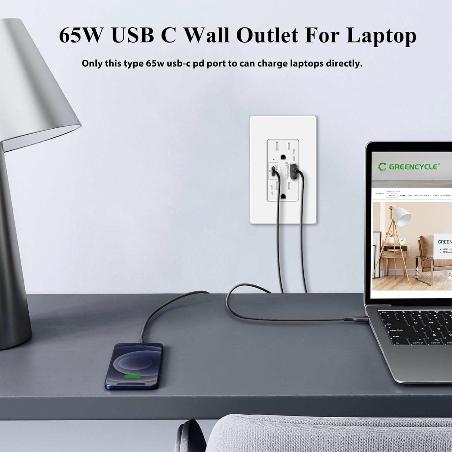 Remote Control Outlet+65W USB C PD Outlet Fast Charging for Laptop,Greencycle 2PK GaN Type C Outlet,15 Amp Tamper Resistant Receptacle Plug,Electrical USB Socket Charge for Mac Air,iPhone 15,Android,U