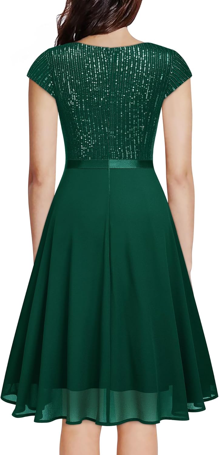 MISSMAY Women's Elegant Glitter Sequin Ruffle Style Cocktail Prom Dress