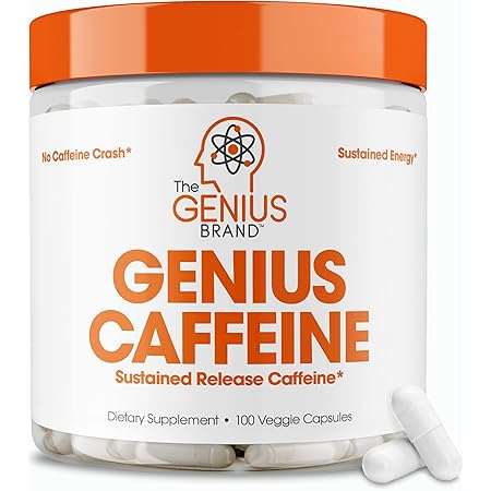 Genius Caffeine Pills 100mg, Extended-Release Microencapsulated Caffeine Pills - All-Natural Non-Crash Sustained Energy, Focus & Concentration Supplement - Nootropic Brain Booster - 100 Capsules