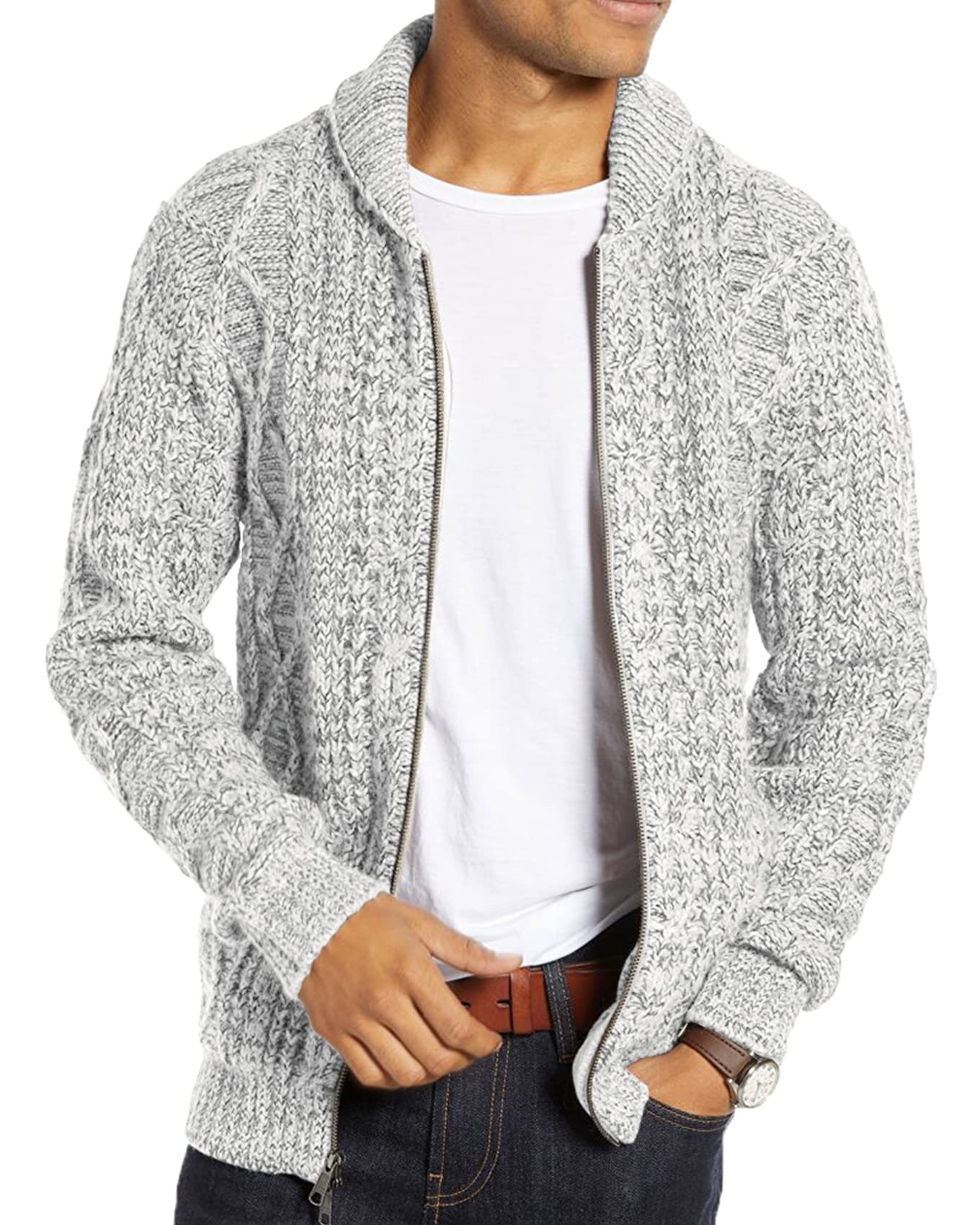 Runcati Herren Strickjacke Langarm Kragen Cardigan mit Zopfmuster Reißverschluss Jacke Gestrickt für Hemd und Shirt
