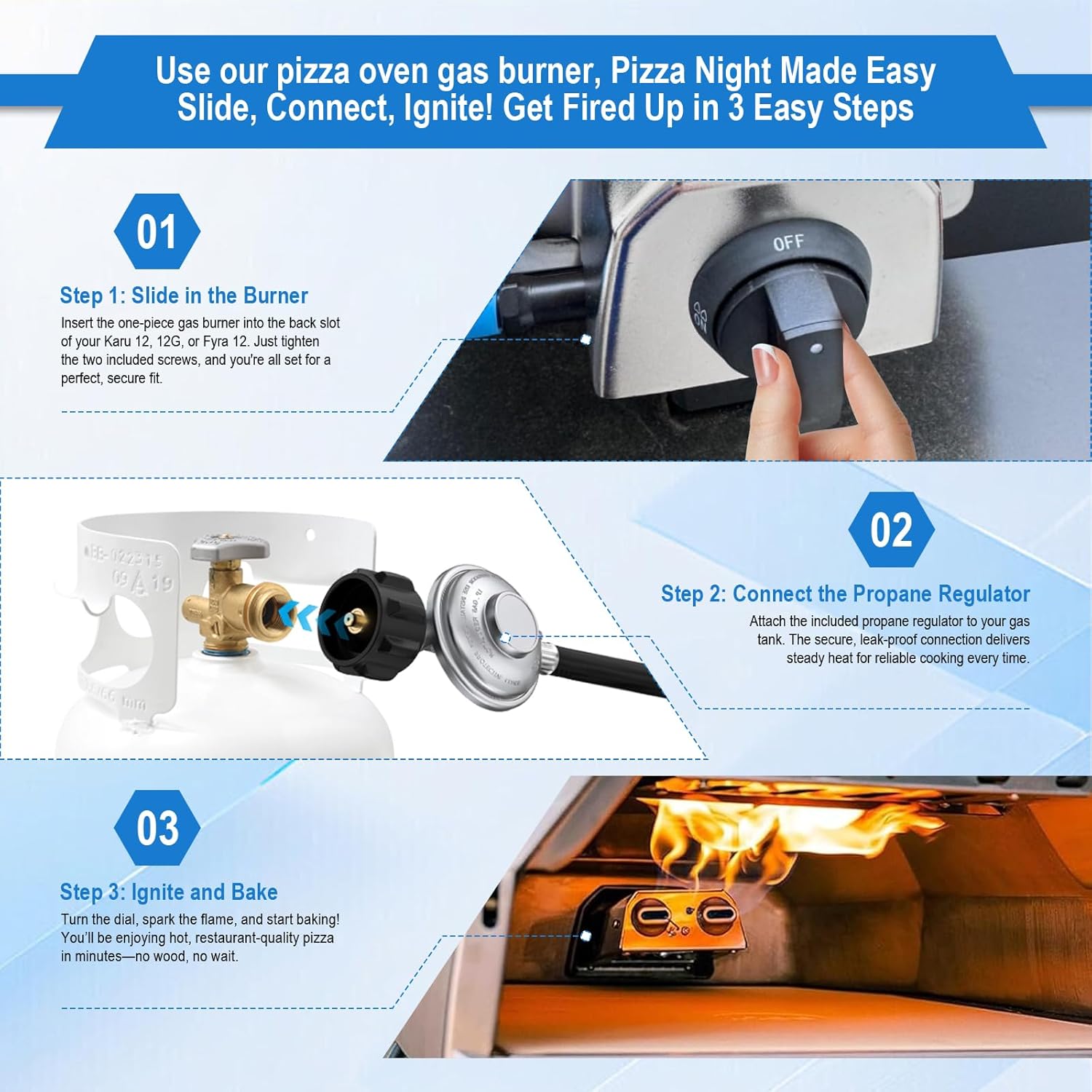 Pizza Oven Accessories, Gas Burner Rttachment for Karu 12 and Karu 12G Outdoors Pizza Oven Propane Burner,Includes 5FT Propane Hose with Gas Regulator, Pizza Oven Propane Conversion Kit.