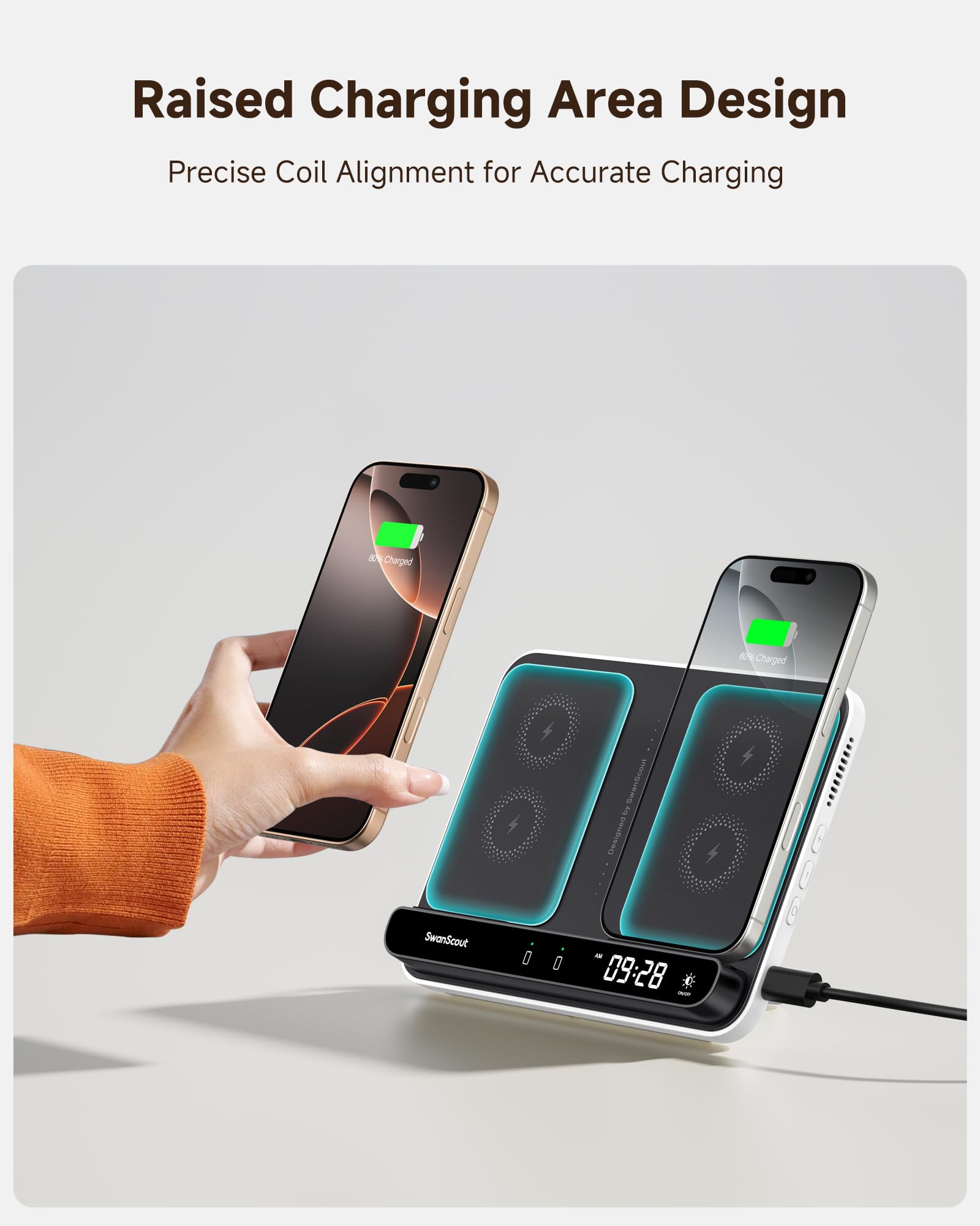 Caricatore Wireless Dual per iPhone, Doppio Caricabatterie per 2 Telefoni | Stazione di Ricarica per iPhone 17/Air/16/15, per Apple Watch 11/10/Ultra 3/SE 3/AirPods, Charger per 2 Phone, SwanScout 710A
