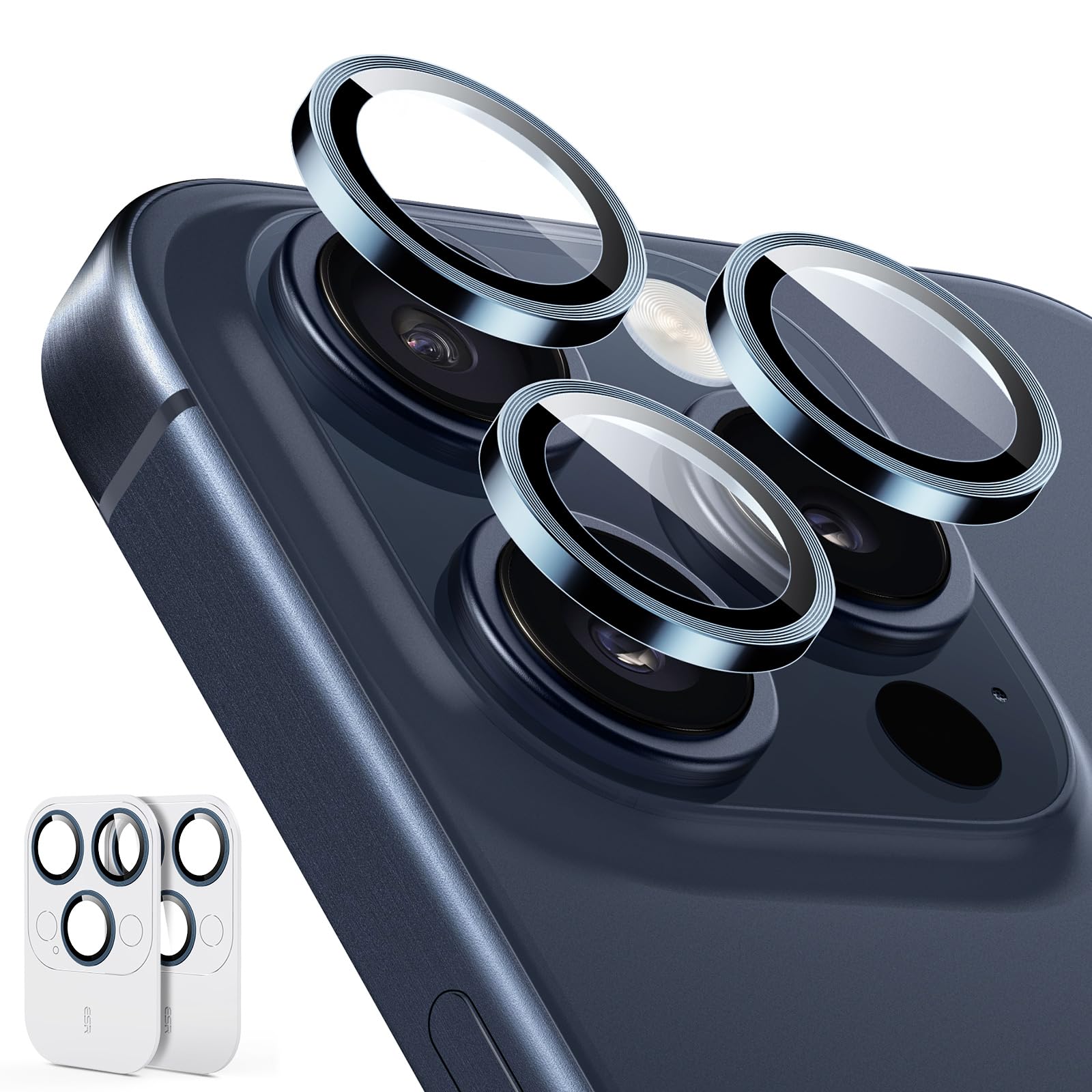 ESR 2 Pack Camera Lens Protector for iPhone 15 Pro Max/15 Pro/14 Pro Max/14 Pro, Ultra-tough HD Individual Lens Protectors, Scratch Resistant, Ultra-thin Tempered Glass, Armorite Series, Dark Blue