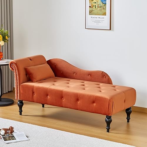 RARZOE Chaise lounge tapizado de terciopelo con brazo enrollado, silla de salón con botones copetudos hacia el brazo derecho con ribete de cabeza de