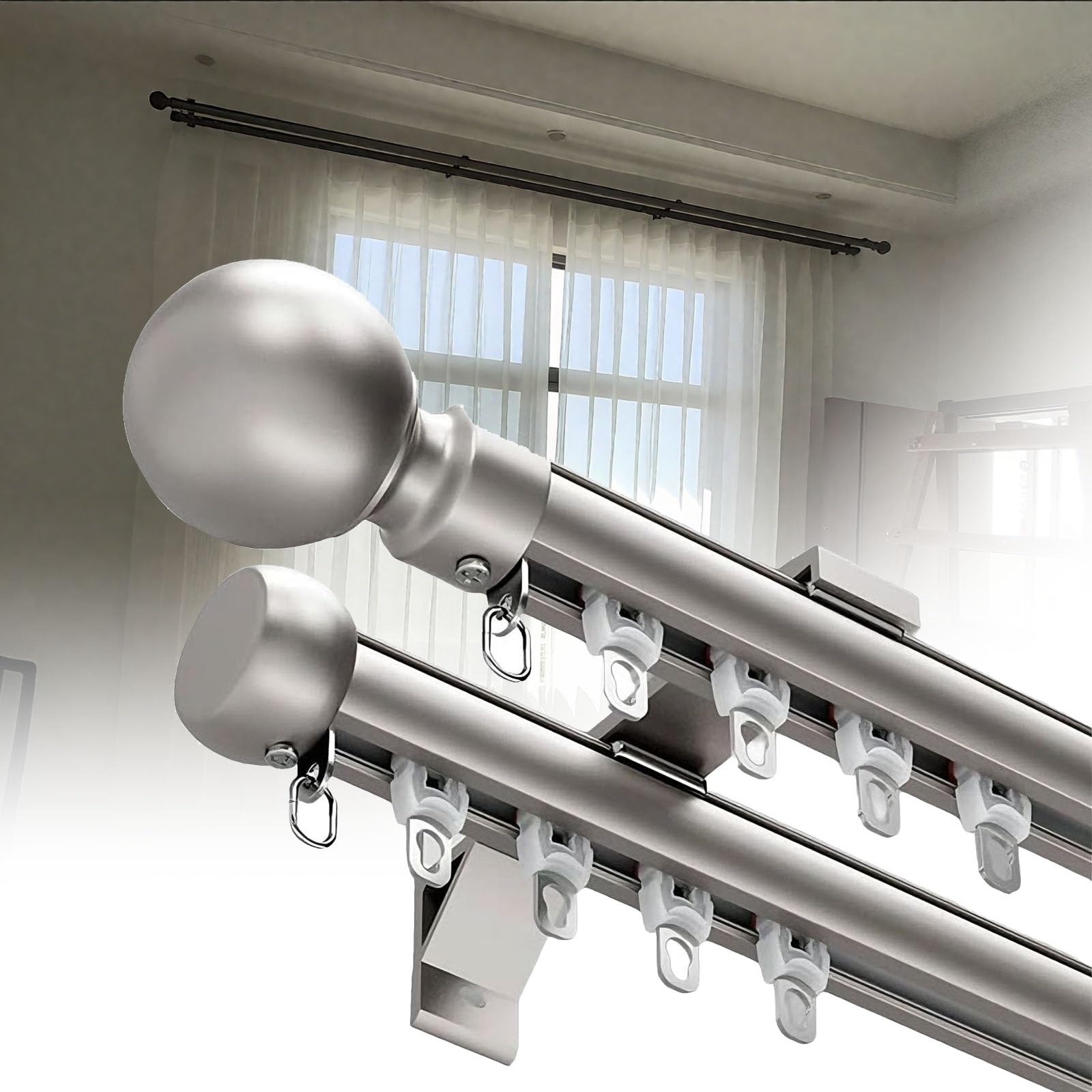 Double ain Rod 100-800 cm szyna ze stopu aluminium, solidny system przesuwny, ciche szyny do biegania, idealne do dzielenia pokoju, salonu, biura, szary, 130 cm