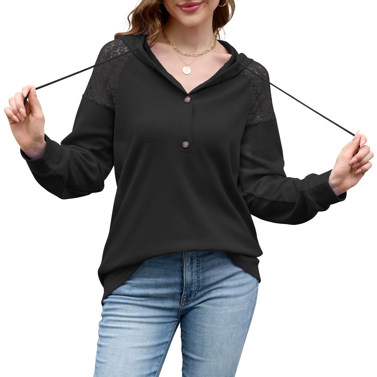 Quatrefox Kapuzenoberteile Damen Hoodie Waffel Sweatshirt Spitze Tshirt Langarm Shirt Frauen Lässige Oberteile Knöpfen V-Ausschnitt Kapuzenpullover Mit Kapuze Für Herbst Frühling